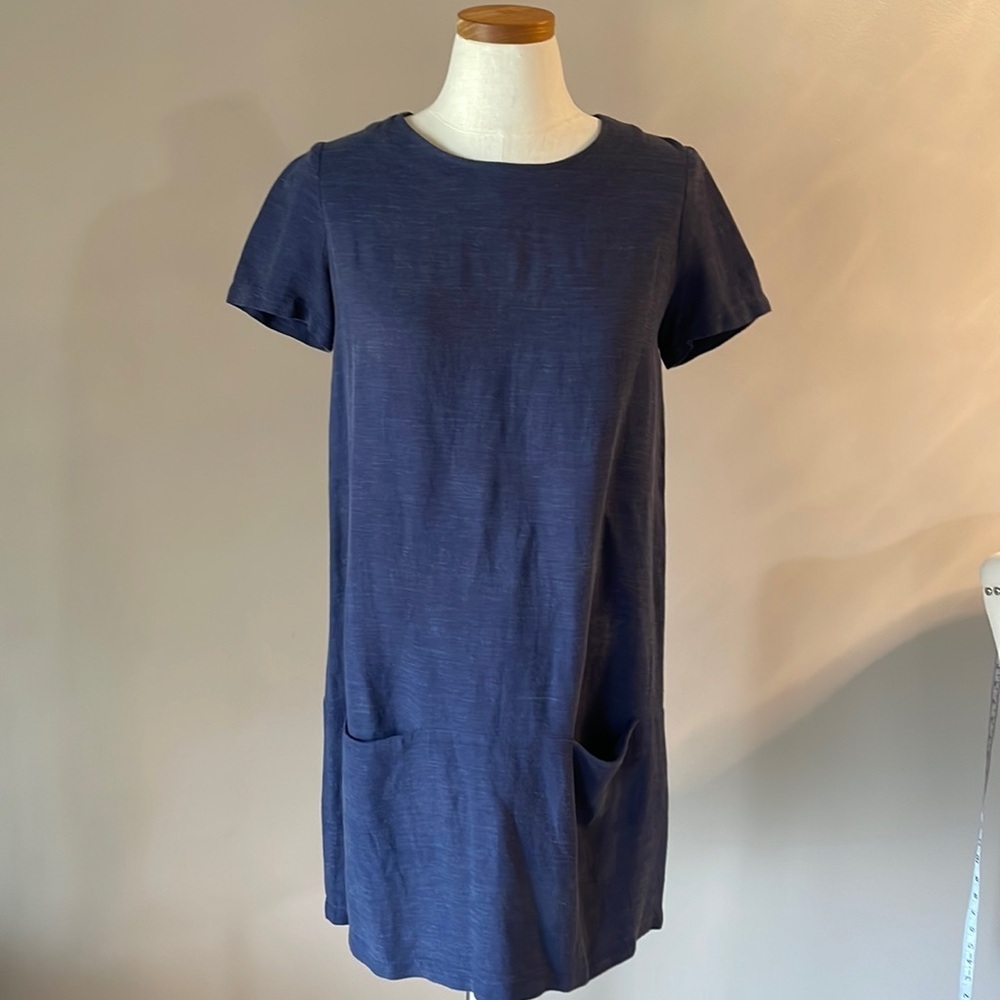 SESSUN hubertus shift dress linen rayon front pockets short sleeves blue size S